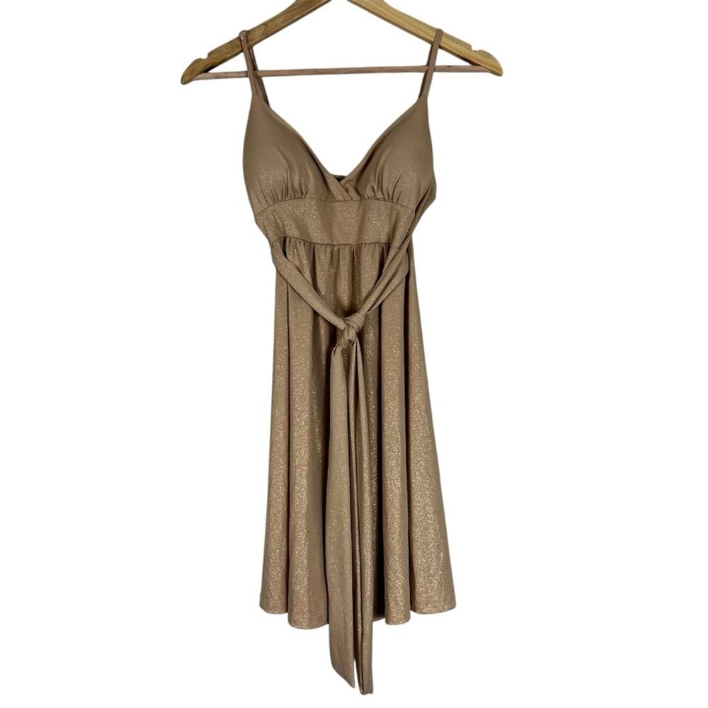 Vintage Street Code Mini Dress Womens S Gold Metallic Tie Waist Cocktail Y2K‎